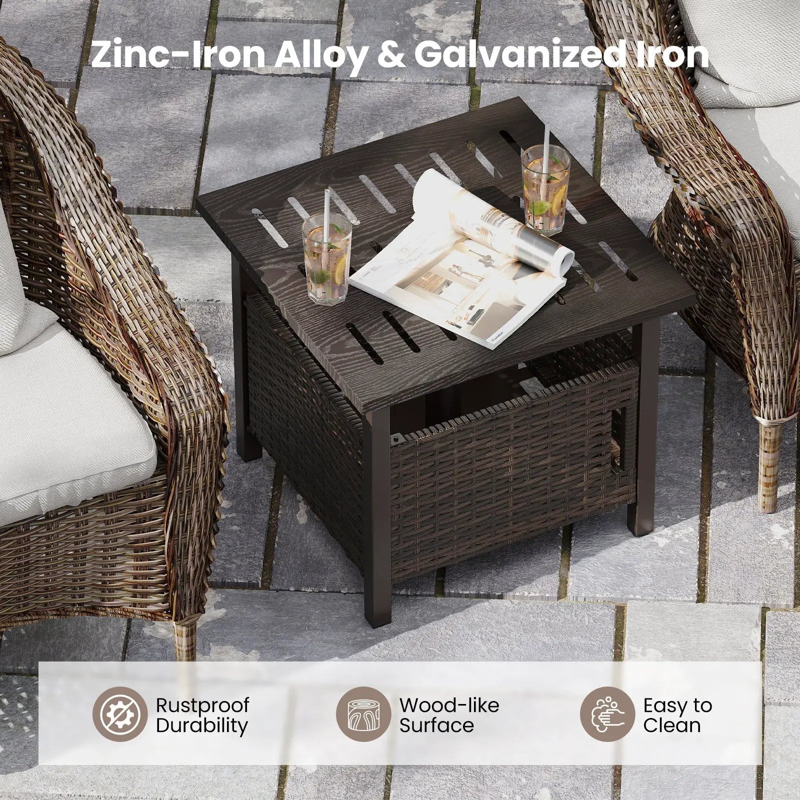 Outdoor Side Table with 1.93" Umbrella Hole All-Weather PE Wicker Patio Umbrella Table-Brown by DirectDeals
