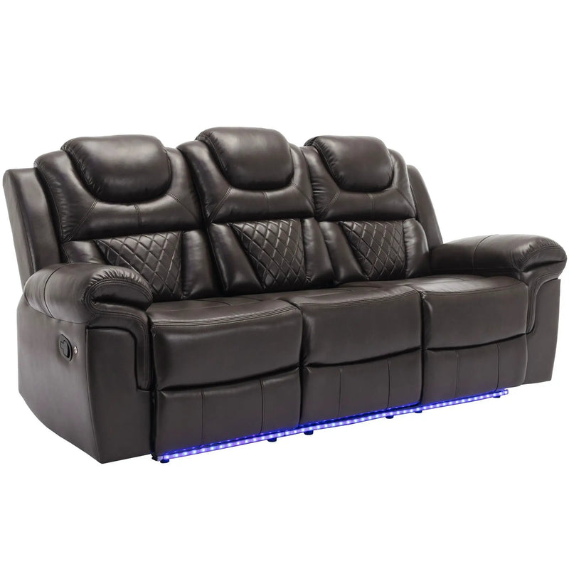 3 Pieces Recliner Sofa Sets Home Theater Seating Manual Recliner Chair & Center Console And LED Light Strip For Living Room - Brown by HouseOfZazla