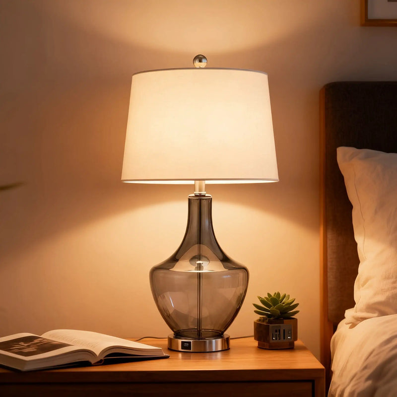26-Inches Tall Single Glass Table Lamp with USB Charging Port by HouseOfZazla