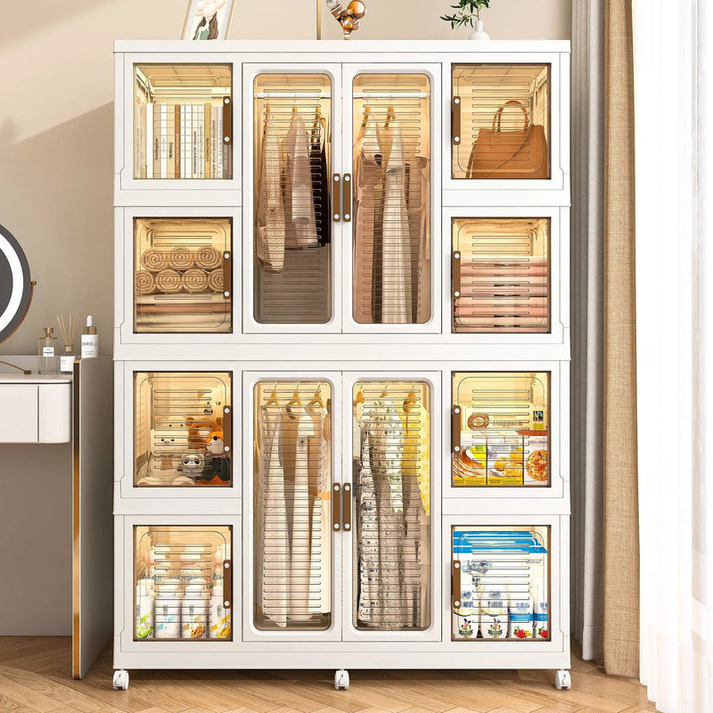 Portable Wardrobe Closet Storage Organizer For Clothes With Magnetic Doors, 12 Cubes & 2 Hanging Rods - White by HouseOfZazla