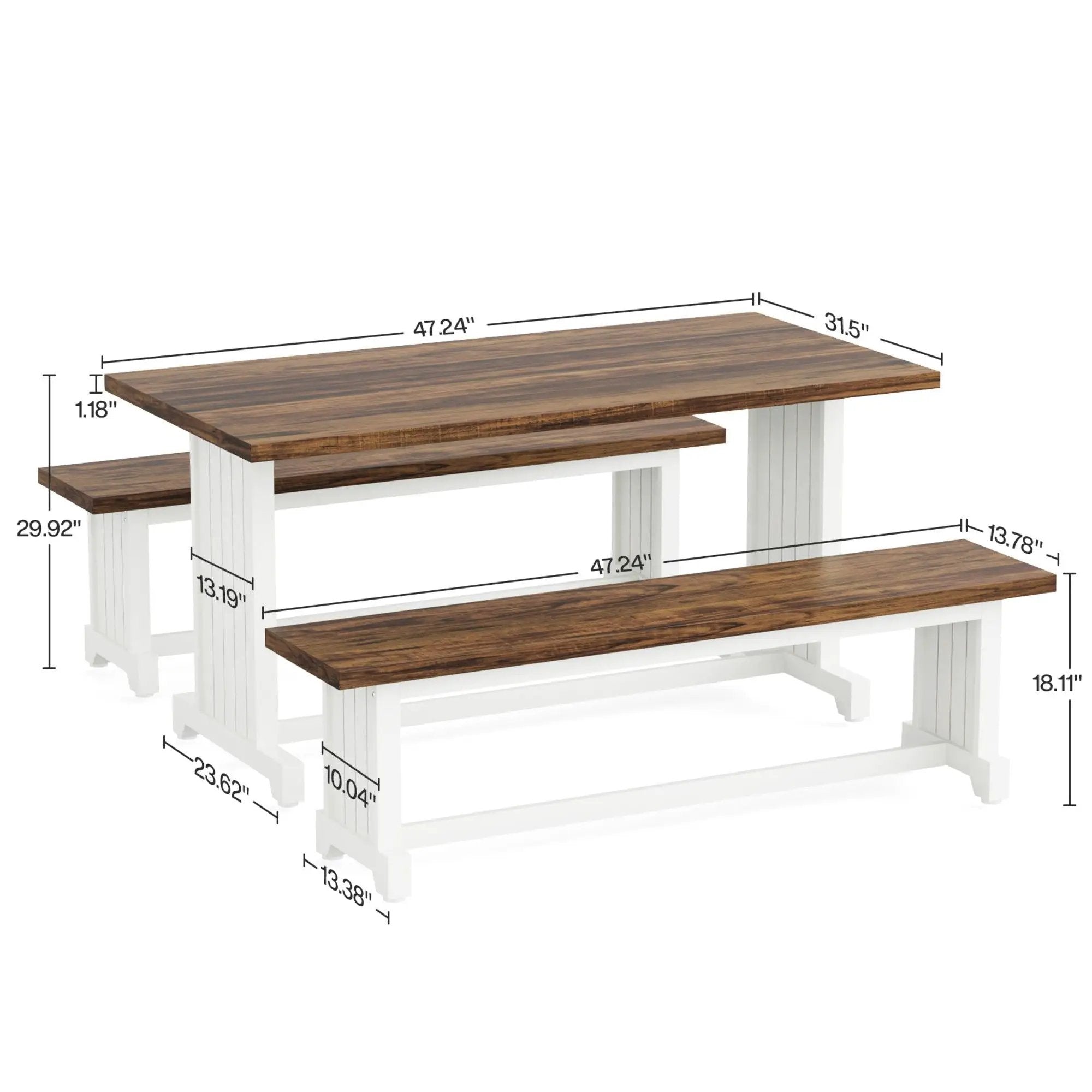 3 Piece Dining Table Set For 2 - 4, With Space Saving Benches - Brown / White by HouseOfZazla