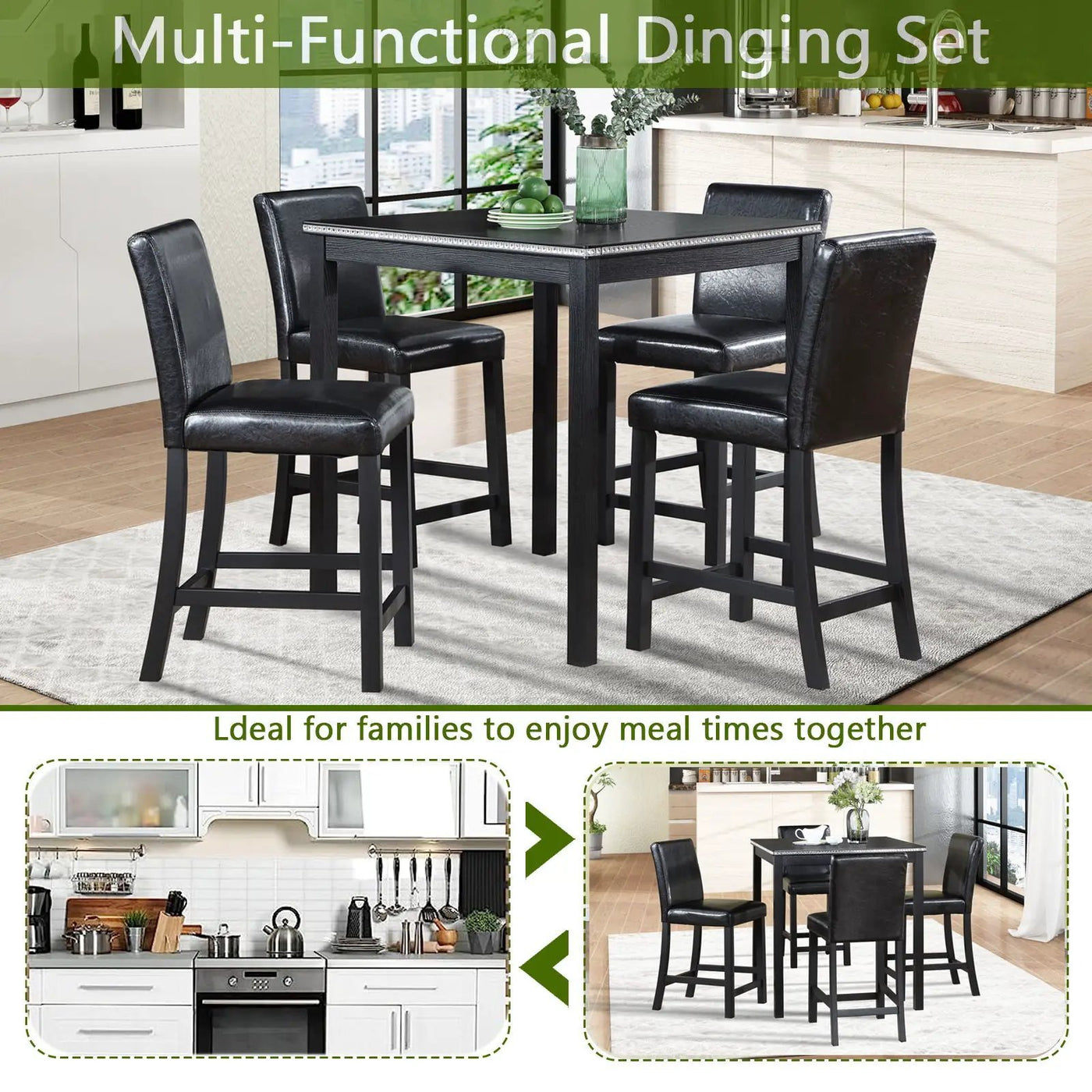 5 Pieces Counter Height Table Set, Kitchen Table With Square Table And 4 Upholstered Chairs by Unique Piece Furniture