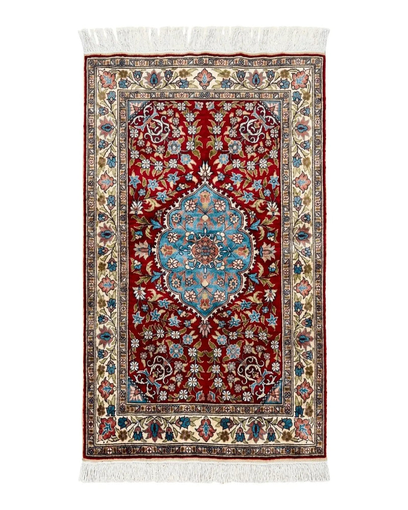 Silk Turkish Kayseri Rug 2x3, Small All Silk Turkish Carpet, Red and Light Blue, Very Fine Hand Knotted Semi Antique Vintage Handmade Rug by Jewel Rugs