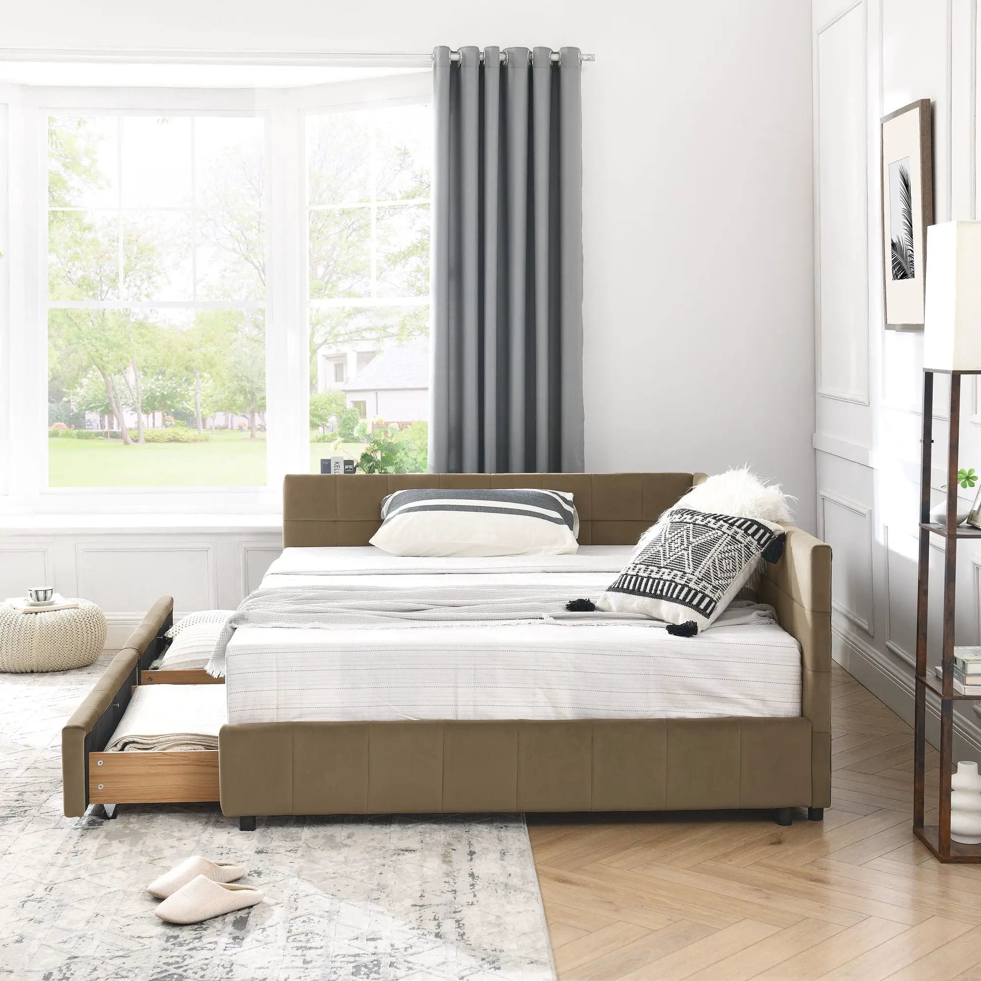 Mid-Century Storage Upholstered Tufted Bed Frame With Backrest And Armrests by Unique Piece Furniture