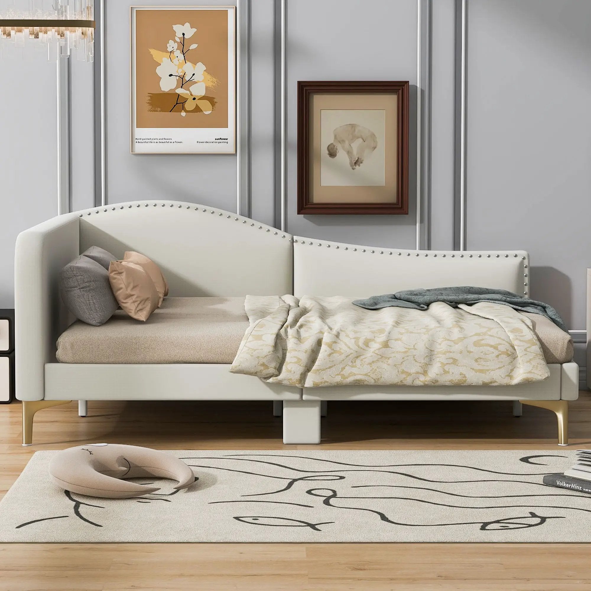 Upholstered Daybed With Headboard And Armrest, Support Legs by HouseOfZazla