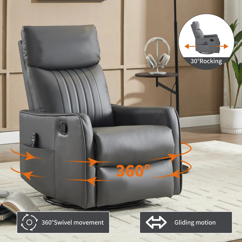 Grey Faux Leather Heat Massage Manual Recliner Chair with Rocker and Swivel by HouseOfZazla