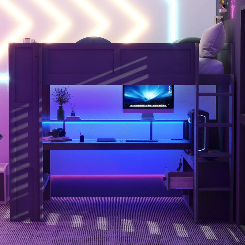Wood Full Size Gaming Loft Bed with Desk, Multi-storage Shelves, LED and Charging Station, photo 3 of 10