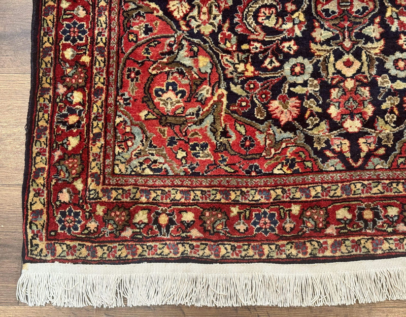 Antique Persian Sarouk Rug 4x5, Dark Blue and Red, Floral Medallion, Fine by Jewel Rugs