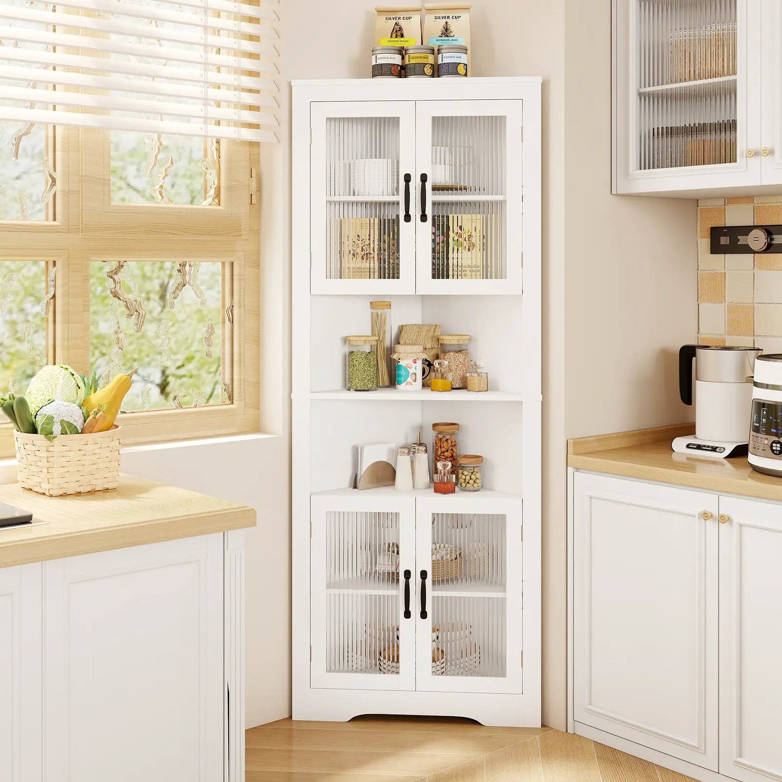 67 Inch Tall Corner Cabinet Triangular Buffet Cabinet with Tempered Glass Doors-White by DirectDeals