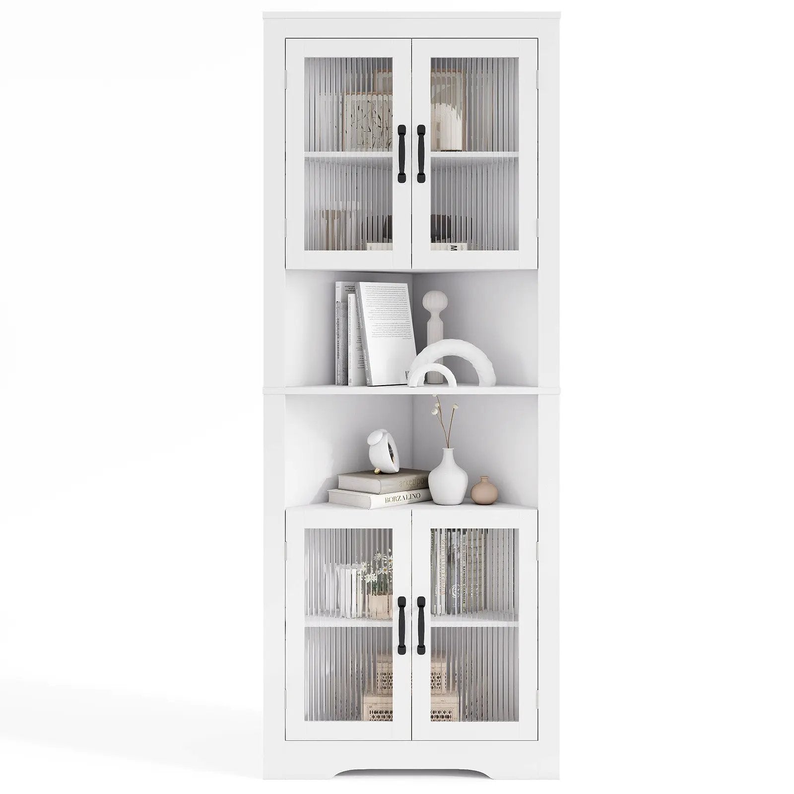 67 Inch Tall Corner Cabinet Triangular Buffet Cabinet with Tempered Glass Doors-White by DirectDeals