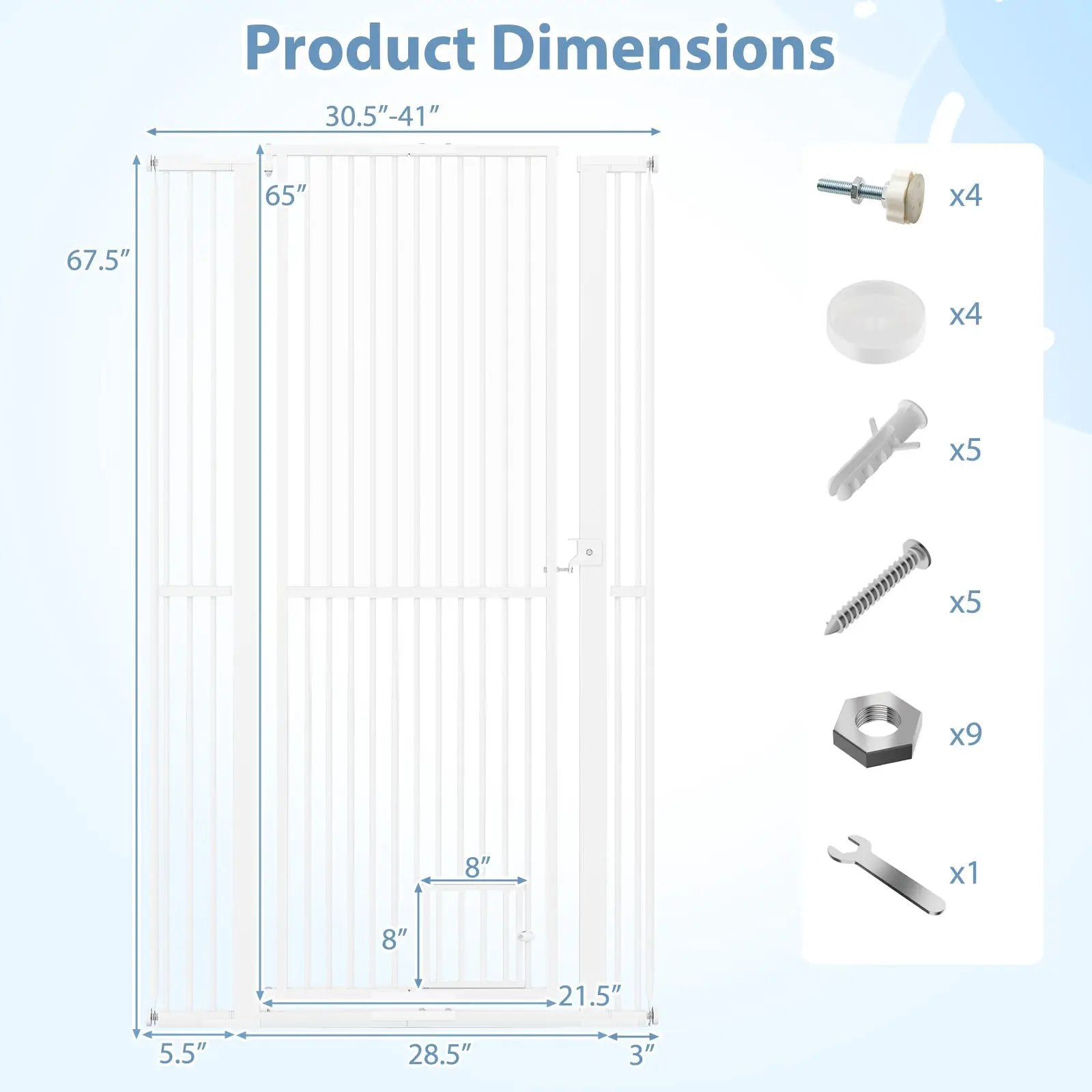 67.5" Extra Tall Pet Gate Heavy-Duty Metal Cat Gate with 30.5"-41" Wide Opening-White by DirectDeals