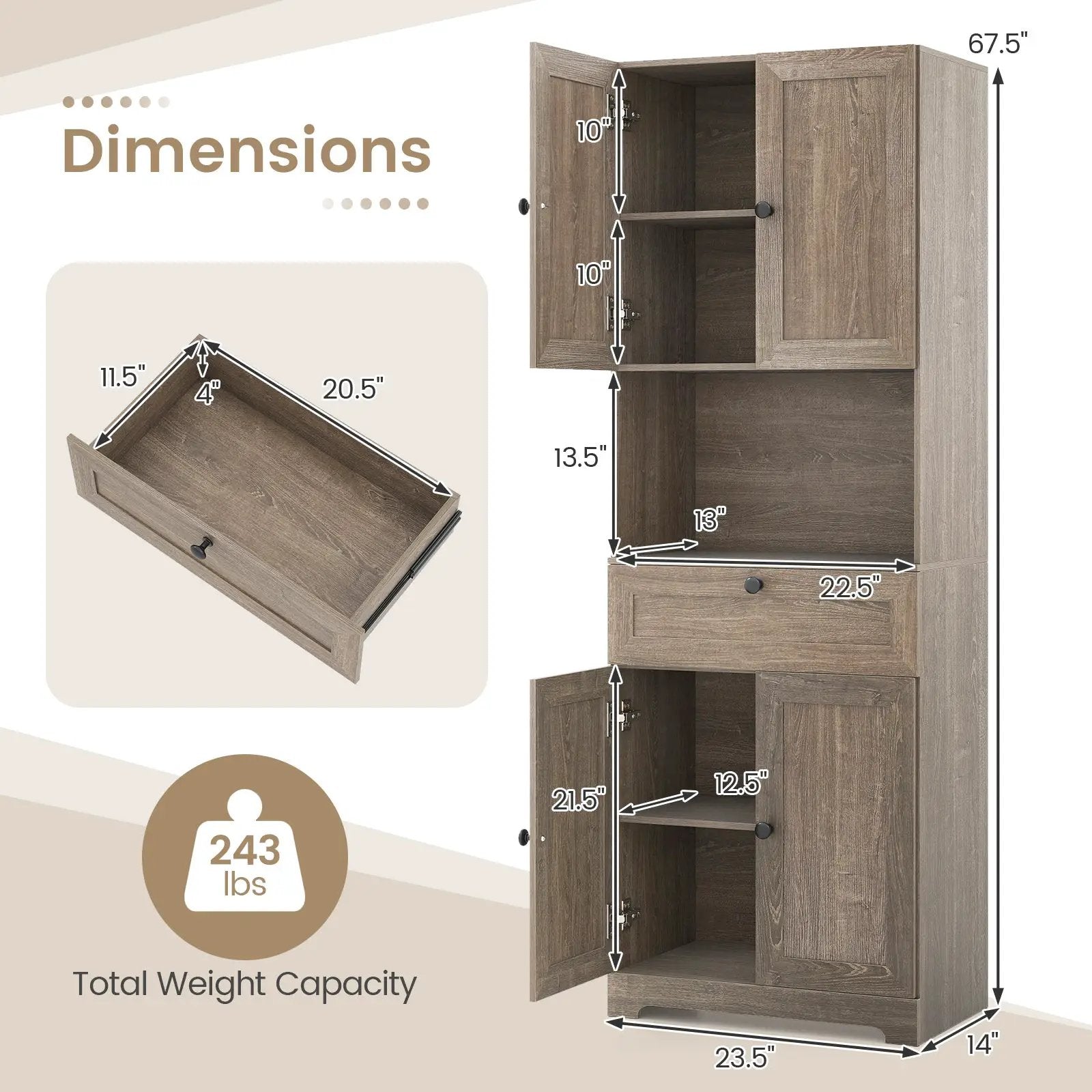 67.5 Inch Tall Modern Freestanding Floor Storage Cabinet with 4 Doors and 1 Drawer by DirectDeals