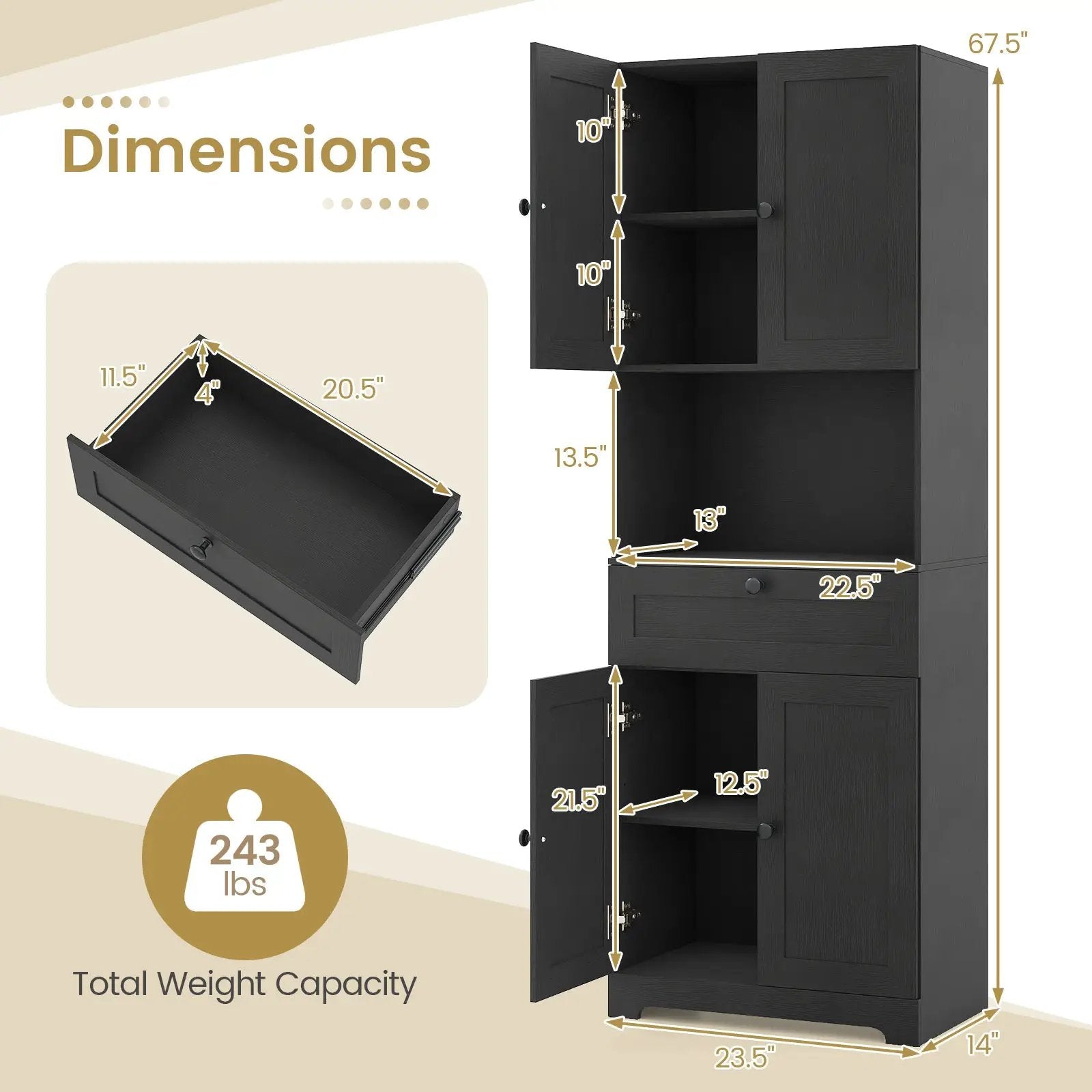 67.5 Inch Tall Modern Freestanding Floor Storage Cabinet with 4 Doors and 1 Drawer by DirectDeals