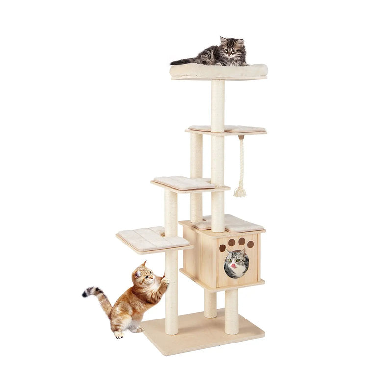 67 Inch Modern Cat Tree Tower with Top Perch and Sisal Rope Scratching Posts-Natural by DirectDeals
