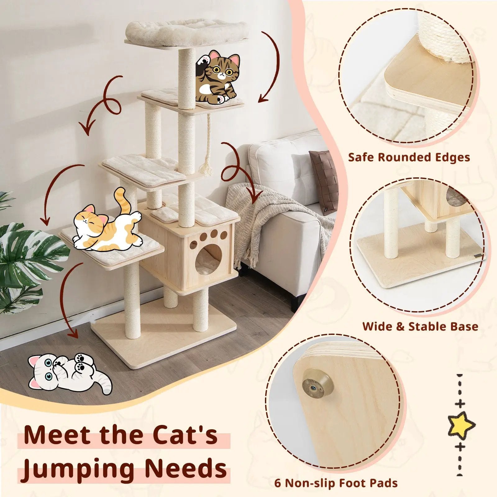 67 Inch Modern Cat Tree Tower with Top Perch and Sisal Rope Scratching Posts-Natural by DirectDeals