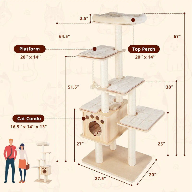 67 Inch Modern Cat Tree Tower with Top Perch and Sisal Rope Scratching Posts-Natural by DirectDeals