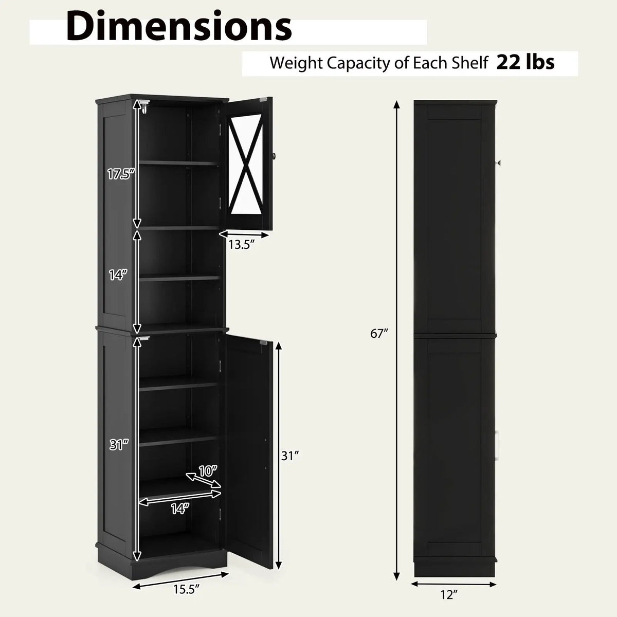 67 Inch Tall Bathroom Cabinet Freestanding Storage Cabinet with 5 Adjustable Shelves by DirectDeals