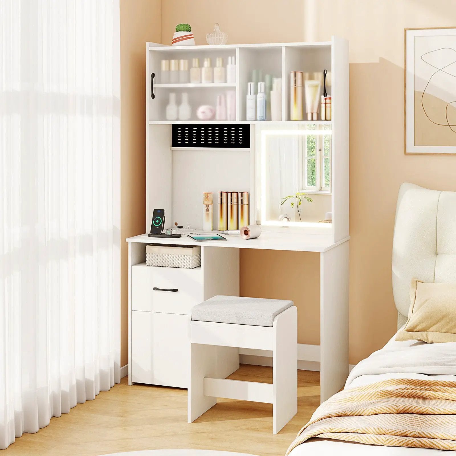 67 Inches Tall Vanity Set with Mirror Makeup Dressing Table with Charging Station-White by DirectDeals