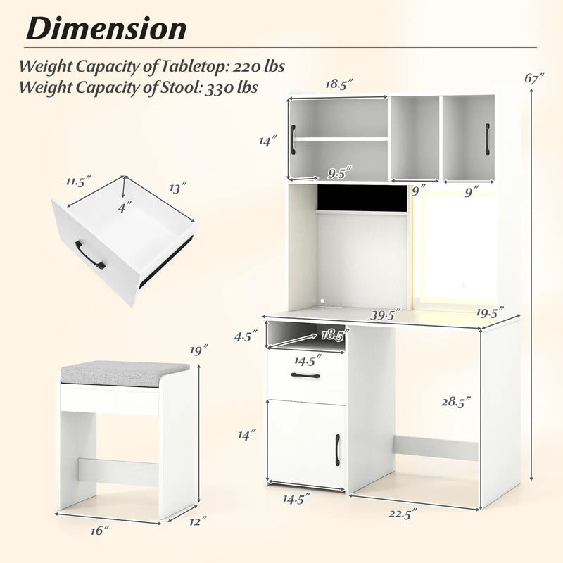 67 Inches Tall Vanity Set with Mirror Makeup Dressing Table with Charging Station-White by DirectDeals