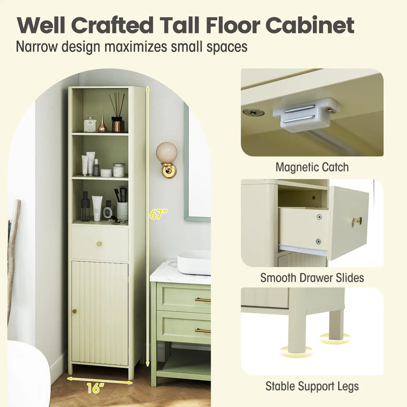 67 Inch Tall Bathroom Cabinet Narrow Floor Cabinet with Fluted Door by DirectDeals