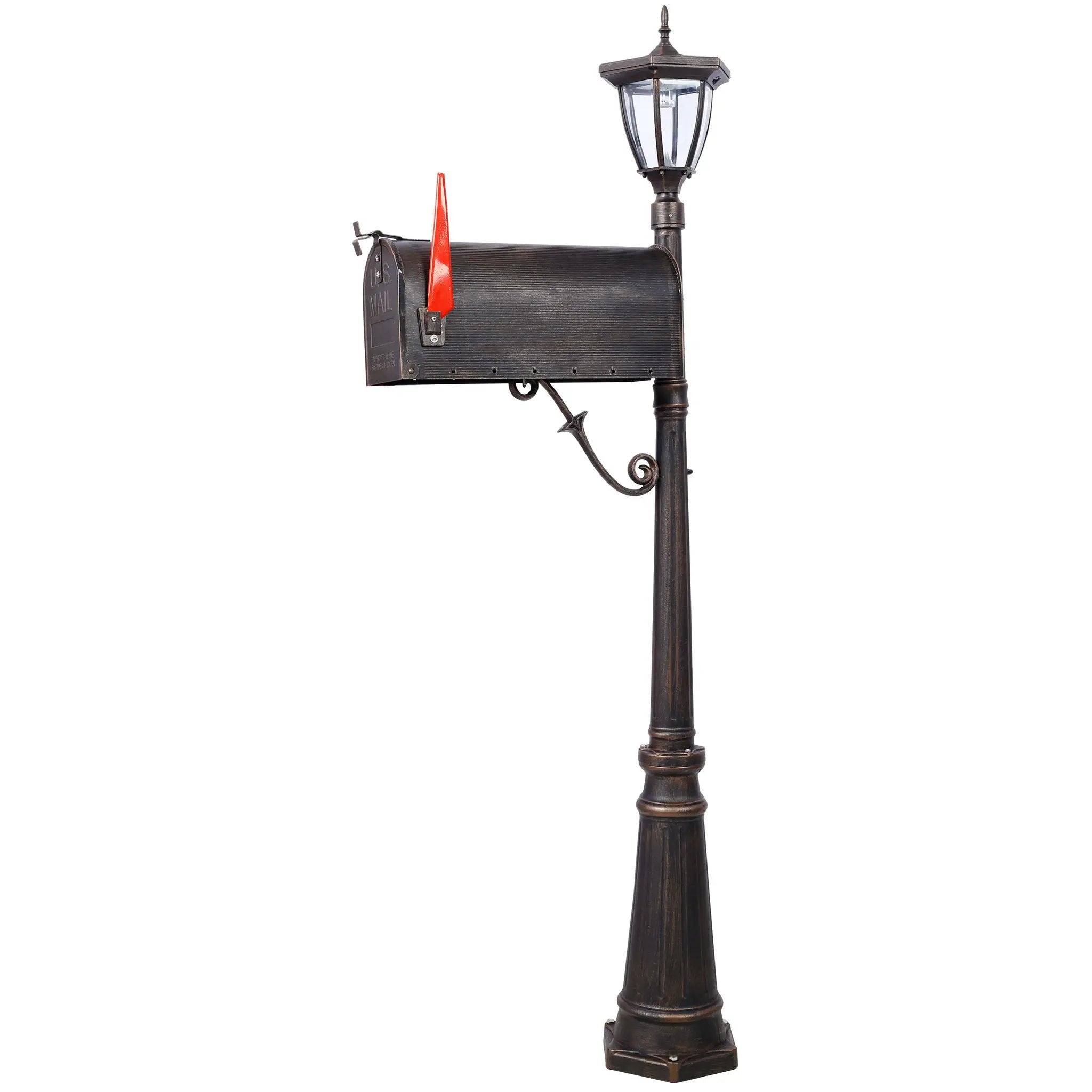 Stratford - Heavy Duty Cast Aluminum Mailbox With Post And Solar Light, Fluted Base, Decorative Modern Mailbox - Brown by HouseOfZazla
