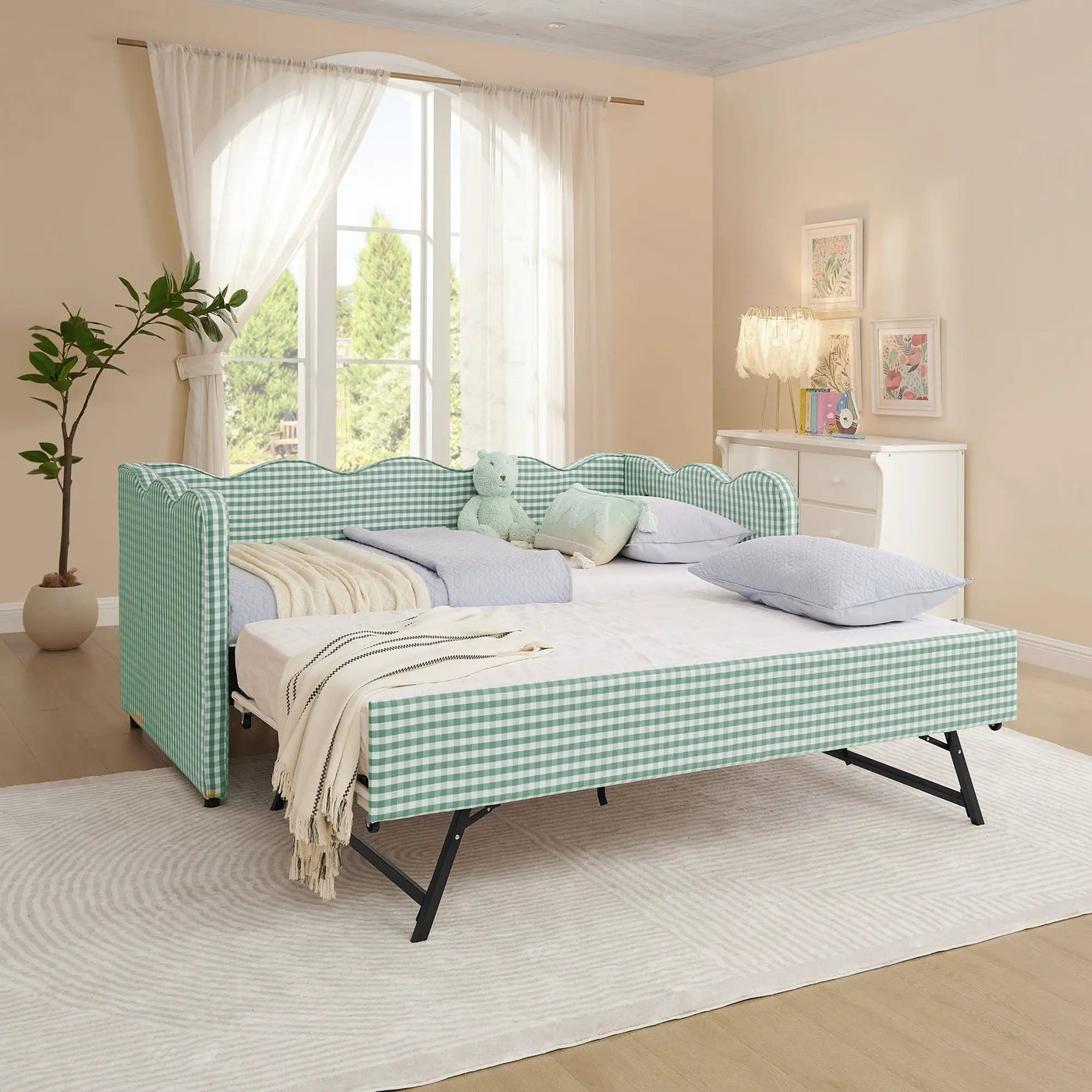 Gingham Daybed With USB Charging Port, Wave Shaped Design by Unique Piece Furniture