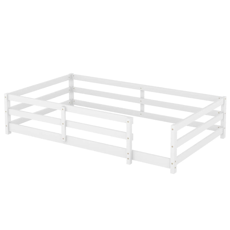 Twin Size Montessori Floor Bed With Fence - White by Unique Piece Furniture