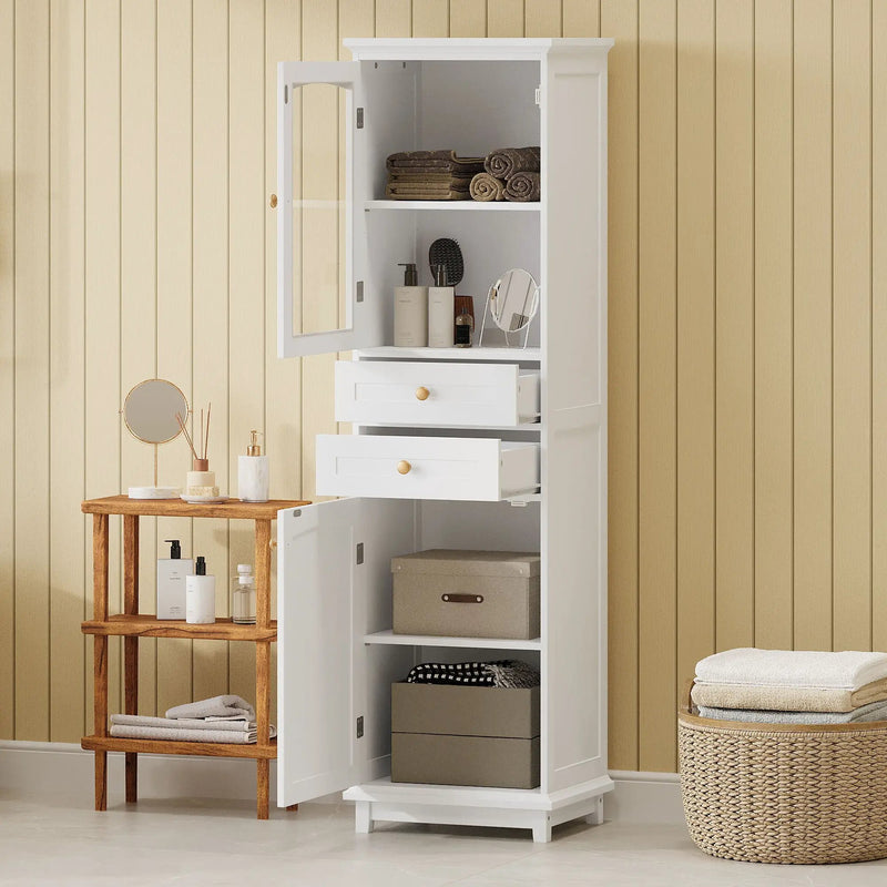 Tall Bathroom Storage Cabinet With Glass Doors, Free-Standing, Two Drawers, And Adjustable Shelves, Board, Painted Perfect For Displaying Your Favorite Items by Unique Piece Furniture
