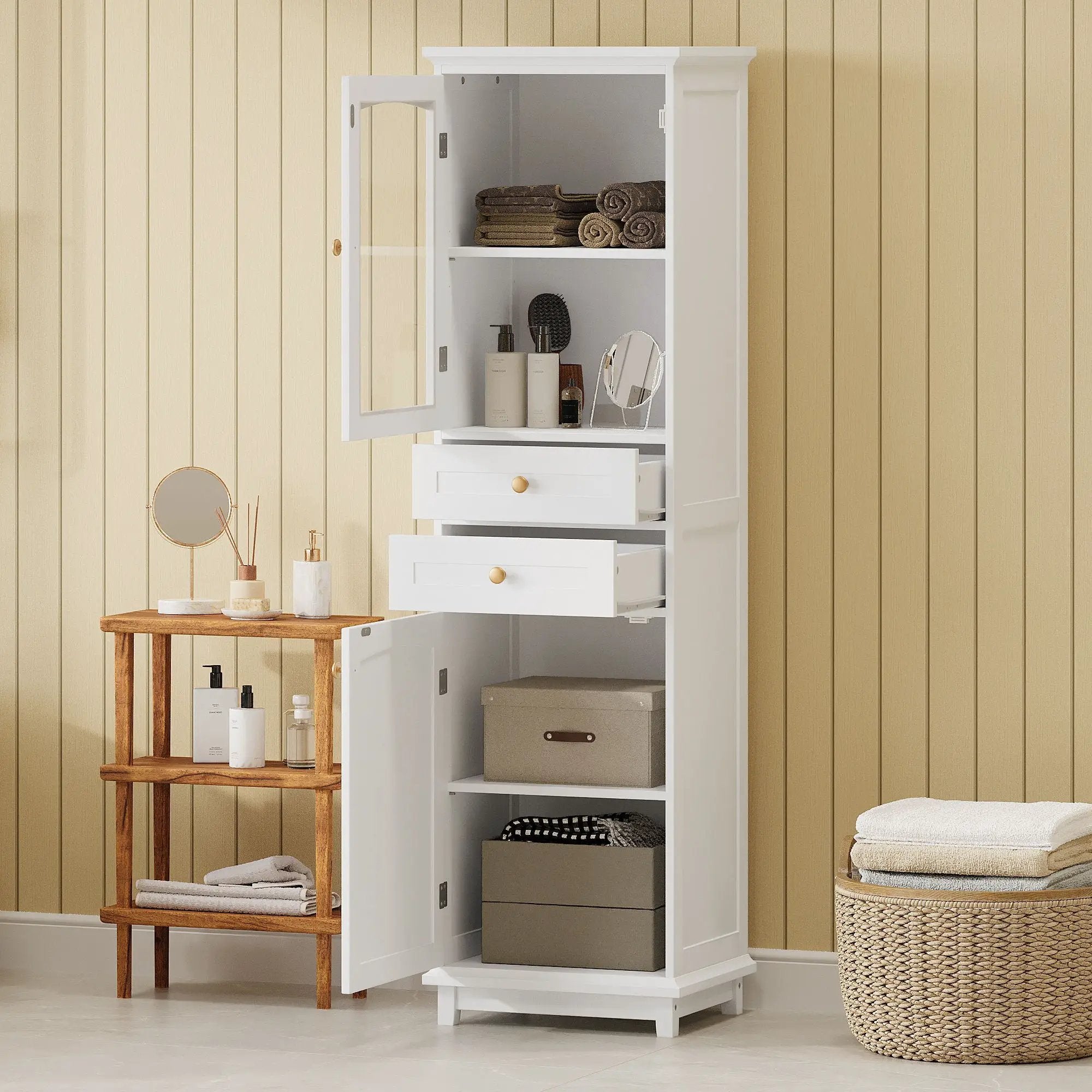 Tall Bathroom Storage Cabinet With Glass Doors, Free-Standing, Two Drawers, And Adjustable Shelves, Board, Painted Perfect For Displaying Your Favorite Items by Unique Piece Furniture