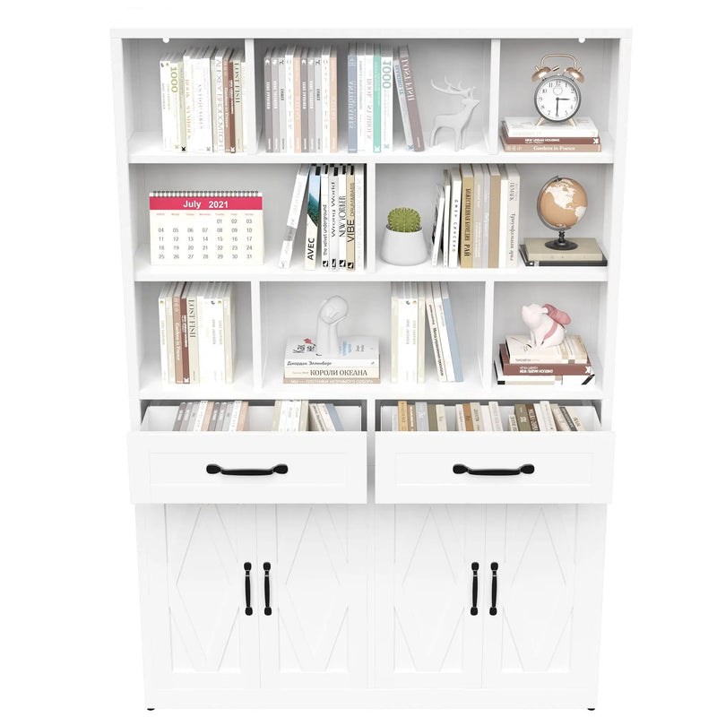 Bookcase Tall With 2 Doors & 2 Drawers, Fixed Open Shelves - White by HouseOfZazla