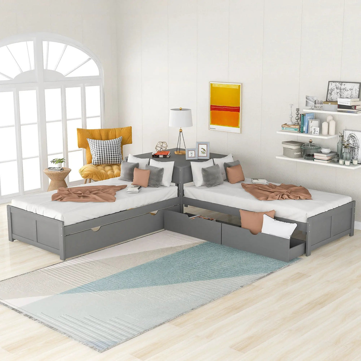 L Shaped Platform Bed With Trundle And Drawers Linked With Built In Desk by HouseOfZazla