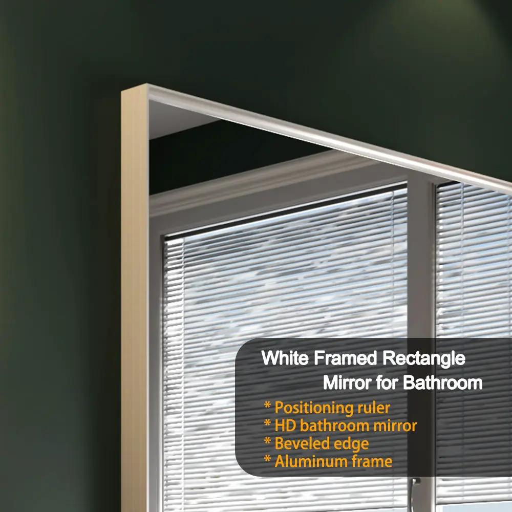 Rectangular Wall-Mounted Beveled Bathroom Mirror, Square Angle Metal Frame Wall Mounted Bathroom Mirrors For Wall (Horizontal & Vertical) - Glossy White by HouseOfZazla