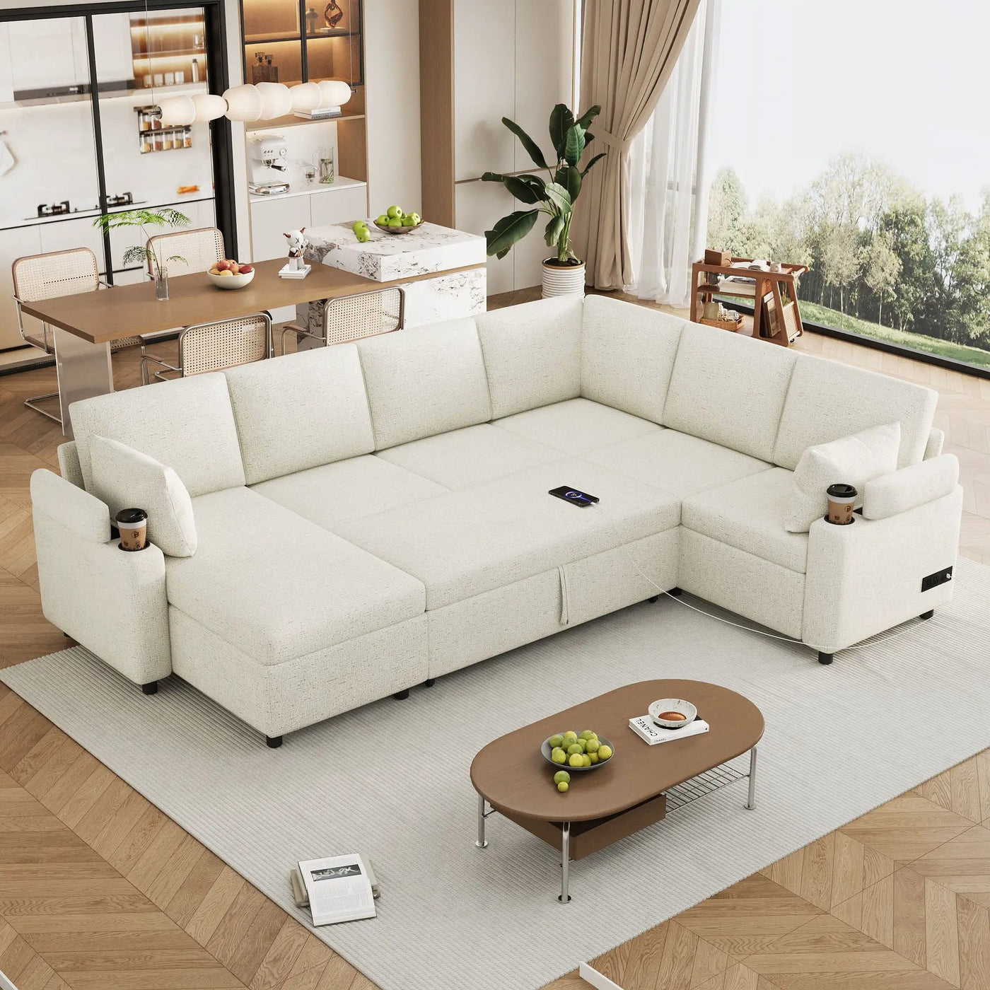 U-Shaped Sectional Sleeper Sofa With Ample Storage Space, 2 Cup Holders And Charging Ports For Living Room by HouseOfZazla