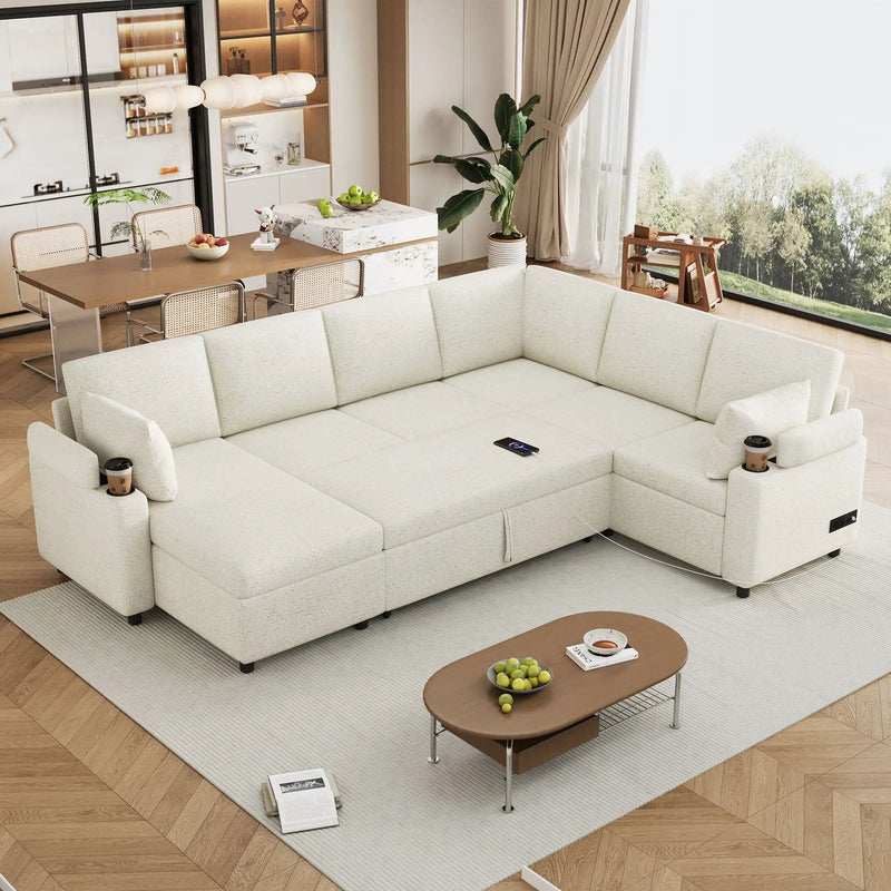 U-Shaped Sectional Sleeper Sofa With Ample Storage Space, 2 Cup Holders And Charging Ports For Living Room by HouseOfZazla