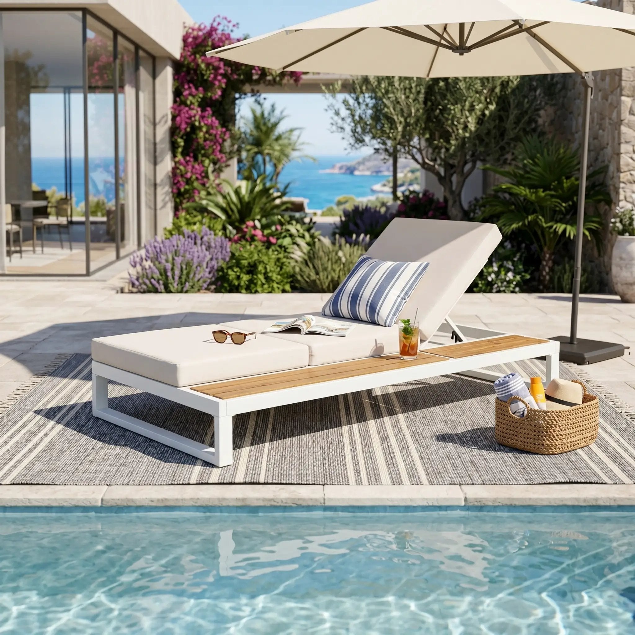 White Iron & Teak Finish Chaise Lounge Set by HouseOfZazla