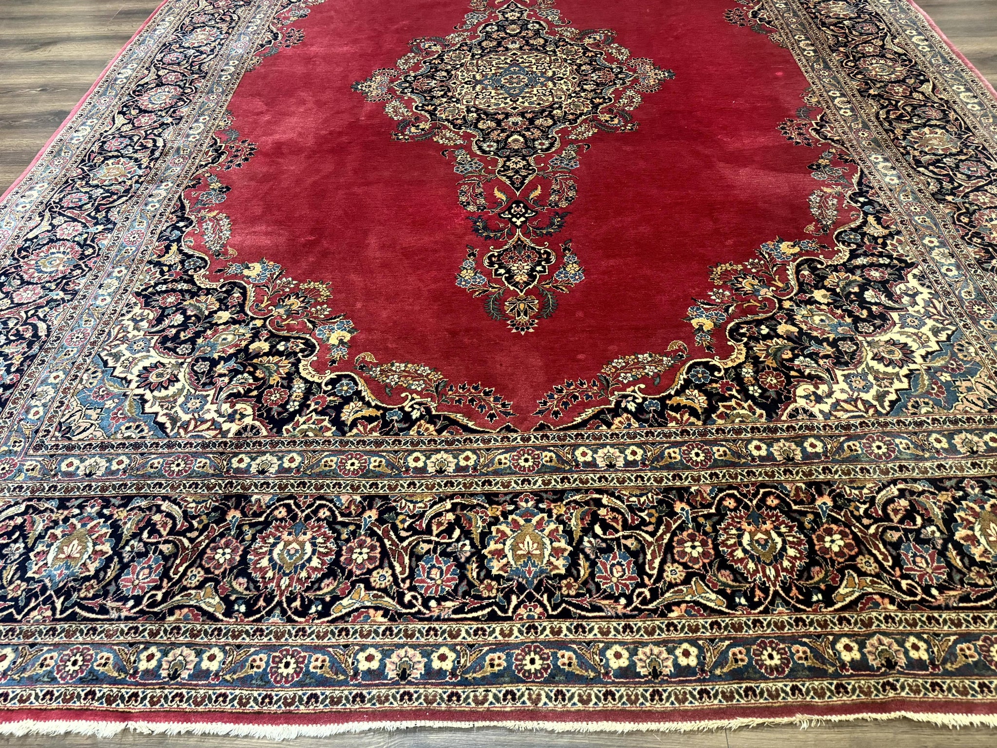 Persian Kashan Rug 9x12, Traditional, Semi Open Field, Red, Signed By Master Weaver, Antique Rug by Jewel Rugs