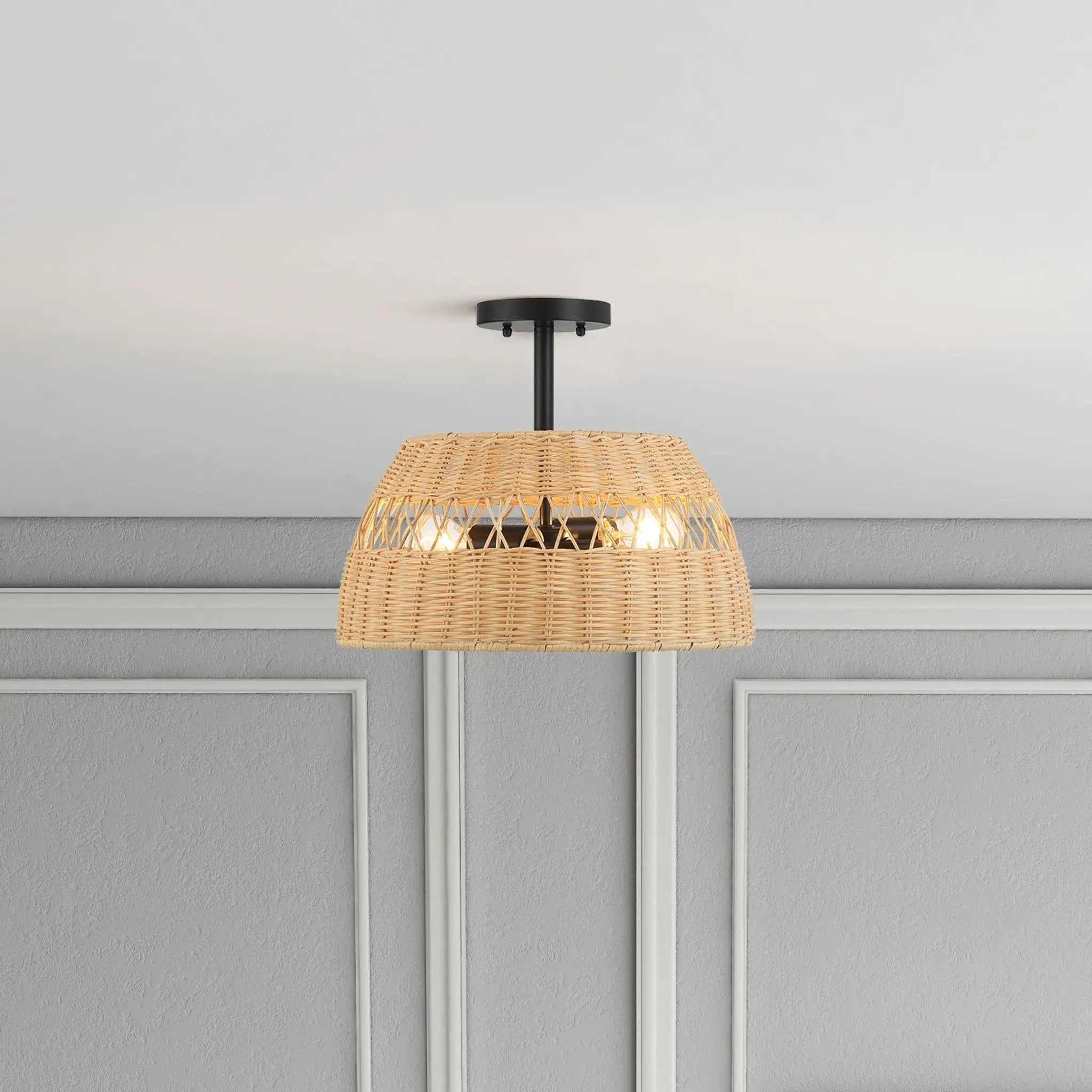 Twinkle - Double Lights Semi Flush With Shade - Black / Rattan by HouseOfZazla
