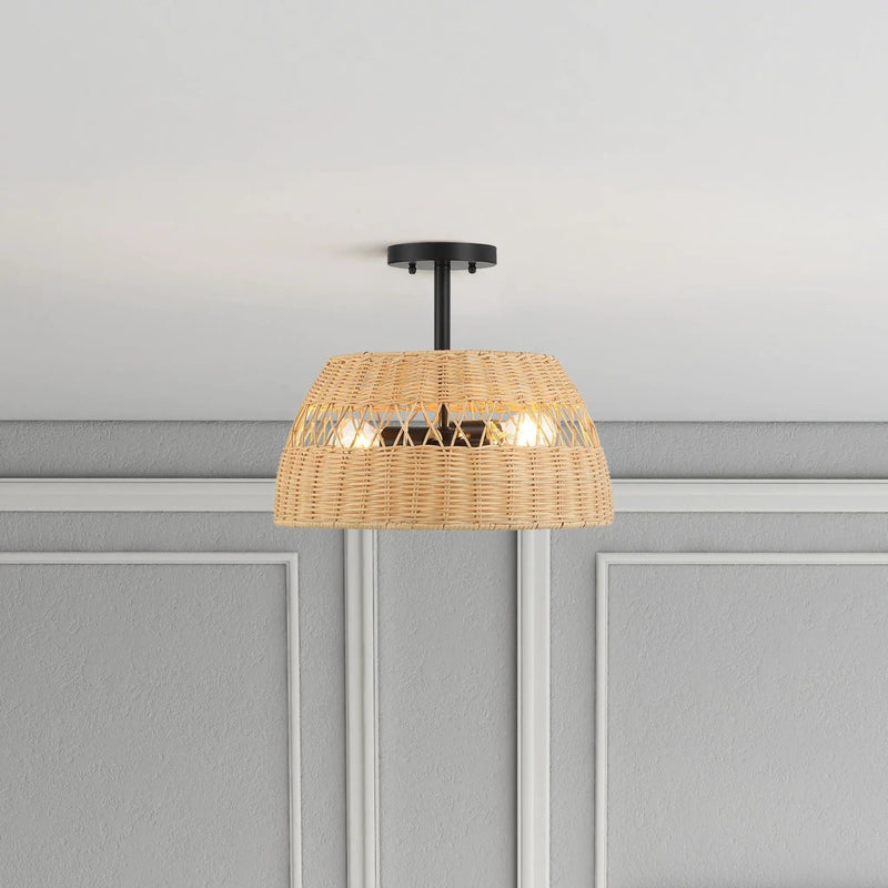 Twinkle - Double Lights Semi Flush With Shade - Black / Rattan by HouseOfZazla