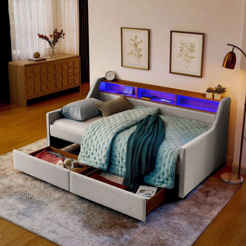 Twin Upholstered Sofa Bed With LED Lights, Storage Drawers, Adjustable Headboard & Wireless Charging - Beige by Unique Piece Furniture