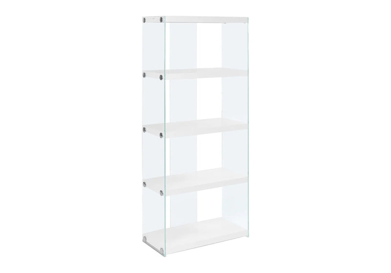 Bookshelf, Bookcase, Etagere, 5 Tier, Glossy Clear Tempered Glass - White by Unique Piece Furniture
