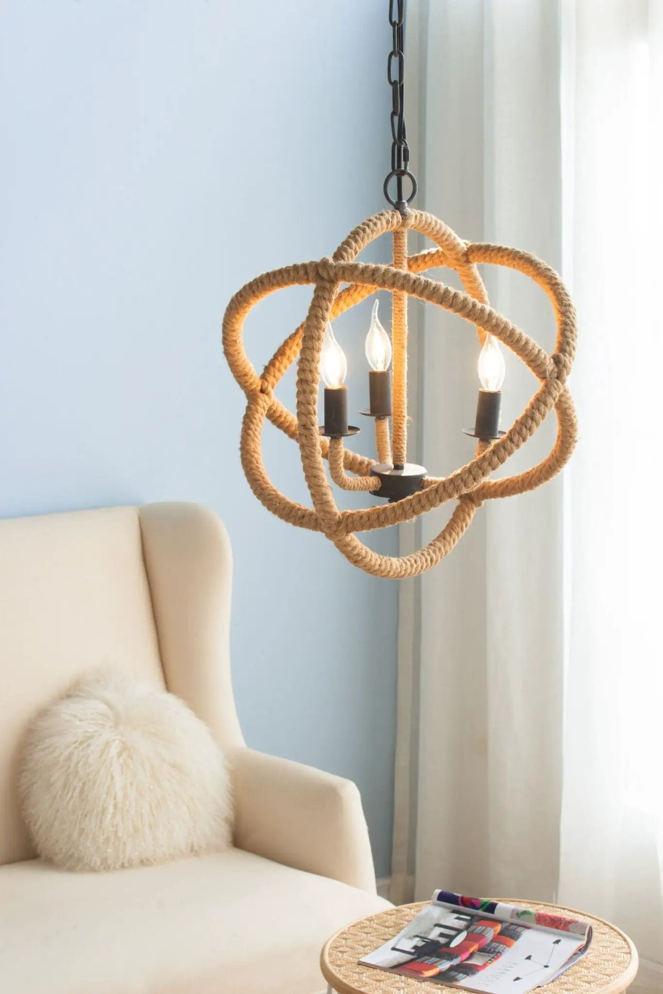 3 Light Farmhouse Chandelier, Rope Chandelier Globe Hanging Light Fixture With With Adjustable Chain For Kitchen, Bulb Not Included - Beige Brown by HouseOfZazla