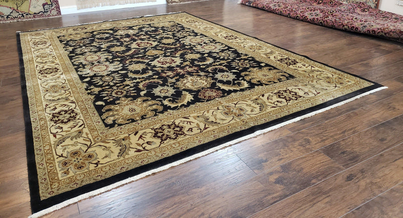 Indo Mahal Rug 8x12, Indian Sultanabad Handmade Area Rug, Vintage Hand-Knotted Wool Black Floral Traditional Oriental Dinning Room Rug by Jewel Rugs