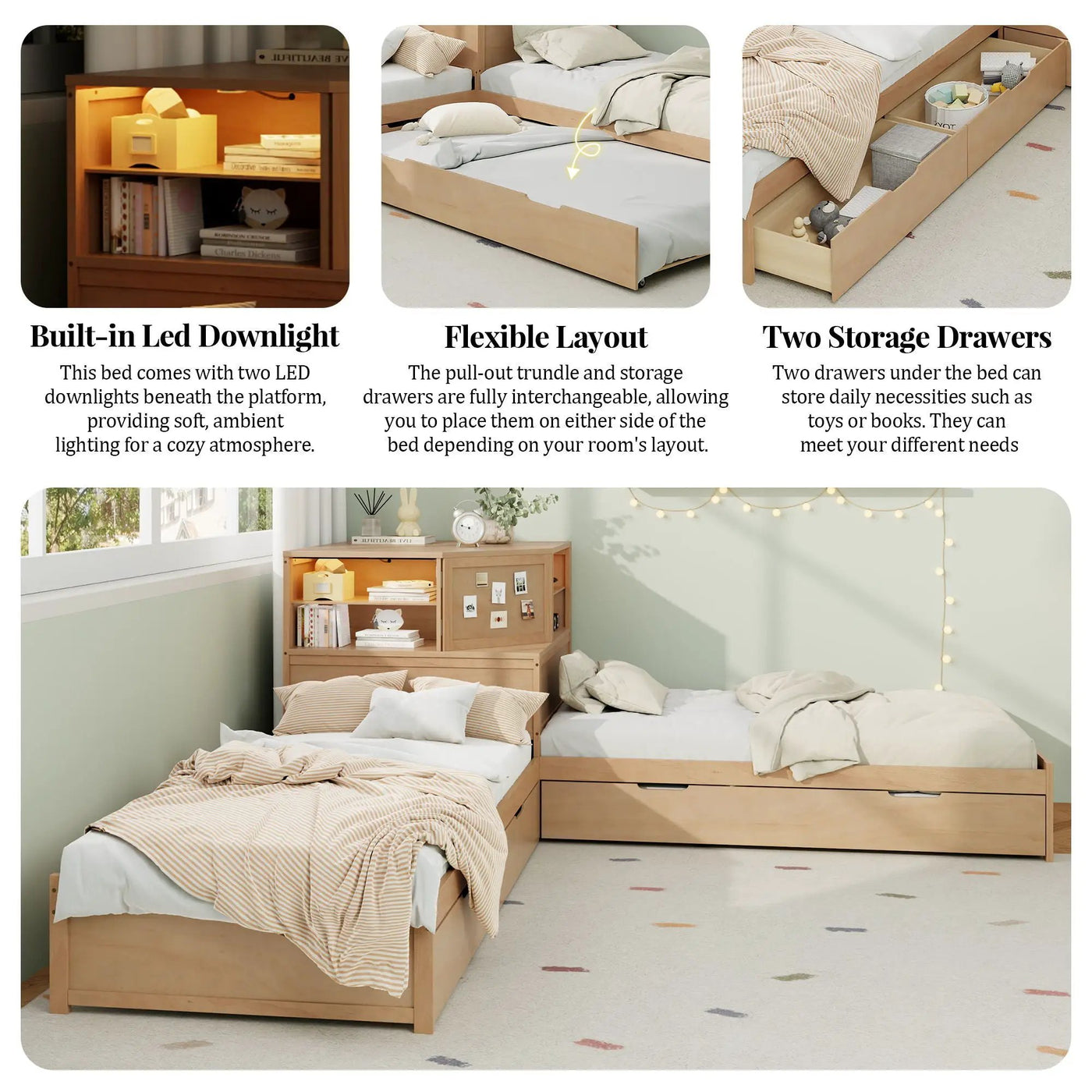 L-Shaped Bed Frame With Trundle, Built In Desk & LED Lighting by HouseOfZazla
