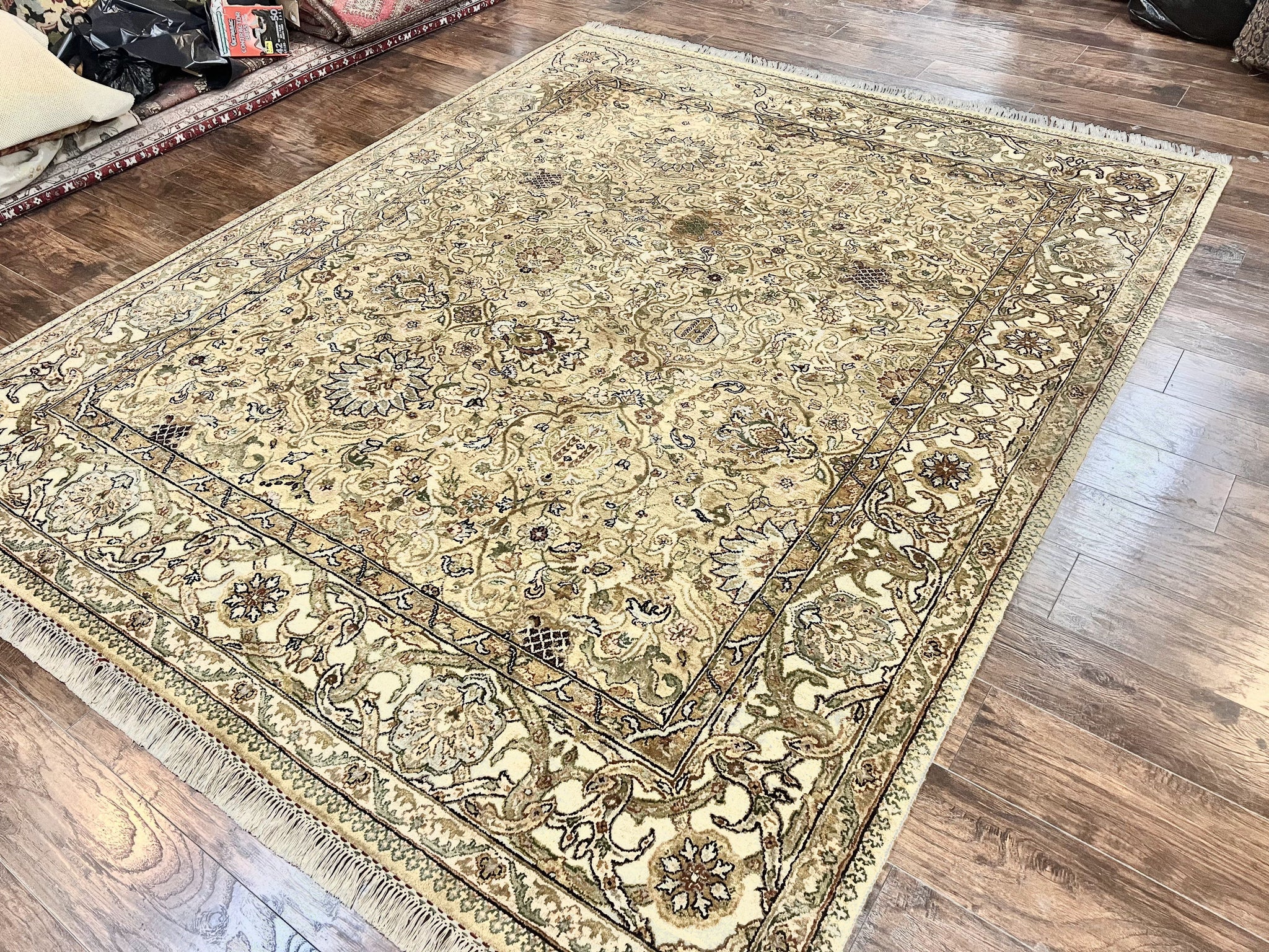 Indo Mahal Rug 8x10, Indian Jaipur Rug 8 x 10 ft, Wool Indo Persian Carpet, Handmade Traditional Floral Area Rug, Olive Green, Vintage Rug by Jewel Rugs