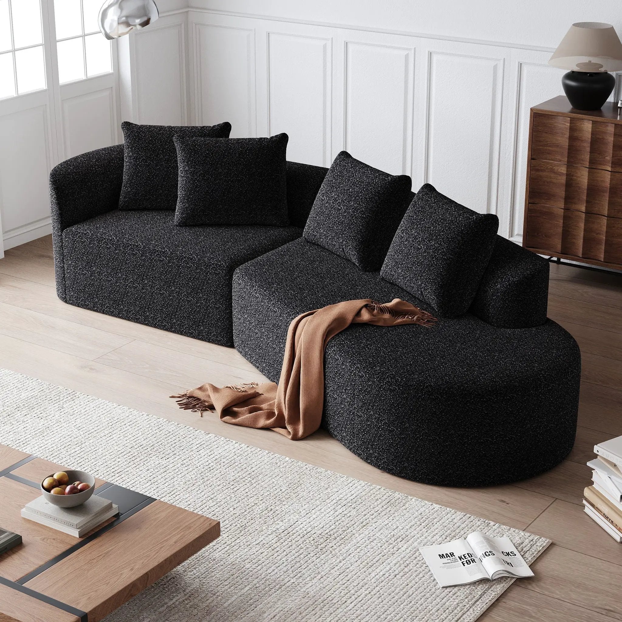 Upholstered Oversized Sectional Sofa, 4 Seater Extra Deep & Wide Curved Cloud Couch With 4 Throw Pillows For Living Room - Black by HouseOfZazla