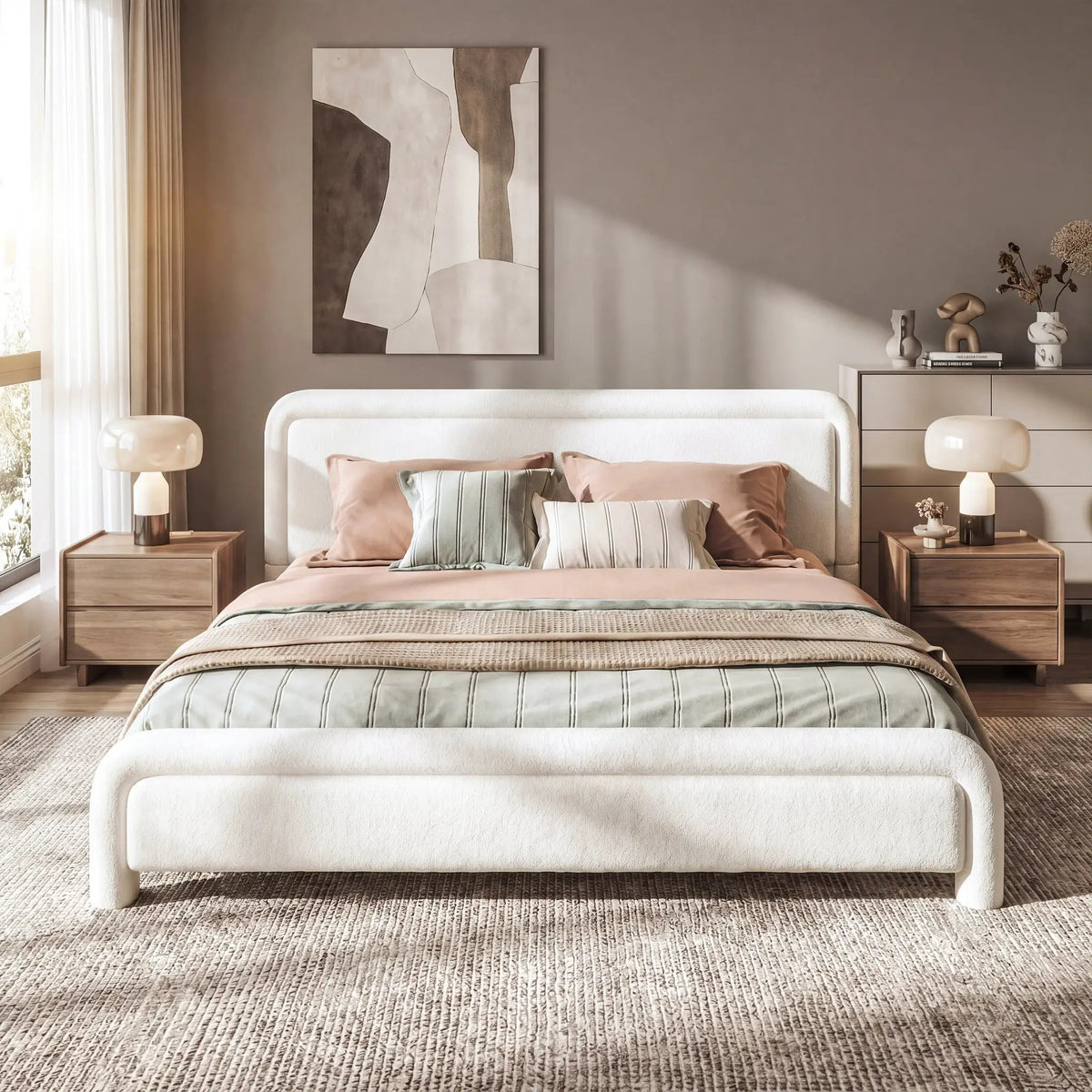 King Size Upholstered Platform Bed Frame with Curved Headboard by HouseOfZazla