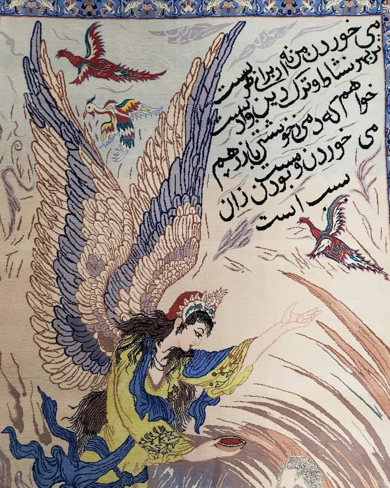 Semi Antique Persian Pictorial Rug 3'6" x 6", Angel Speaking to Prophet, Kork Wool on Silk Foundation, Detailed, Animals, Poetry, Wall Hanging Rug by Jewel Rugs