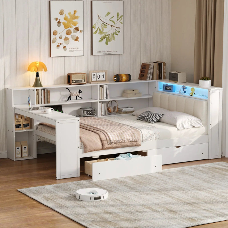 Platform Bed With Storage Shelves, Drawers, Charging Station, LED, Desk by Unique Piece Furniture