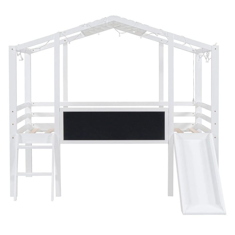 Loft House Bed With Ladder And Slide, With board And Light Strip On The Roof by Unique Piece Furniture