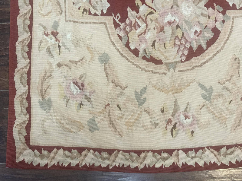 Aubusson Runner Rug 3x10, European Design, Red and Beige, Elegant, Handmade Wool Rug by Jewel Rugs